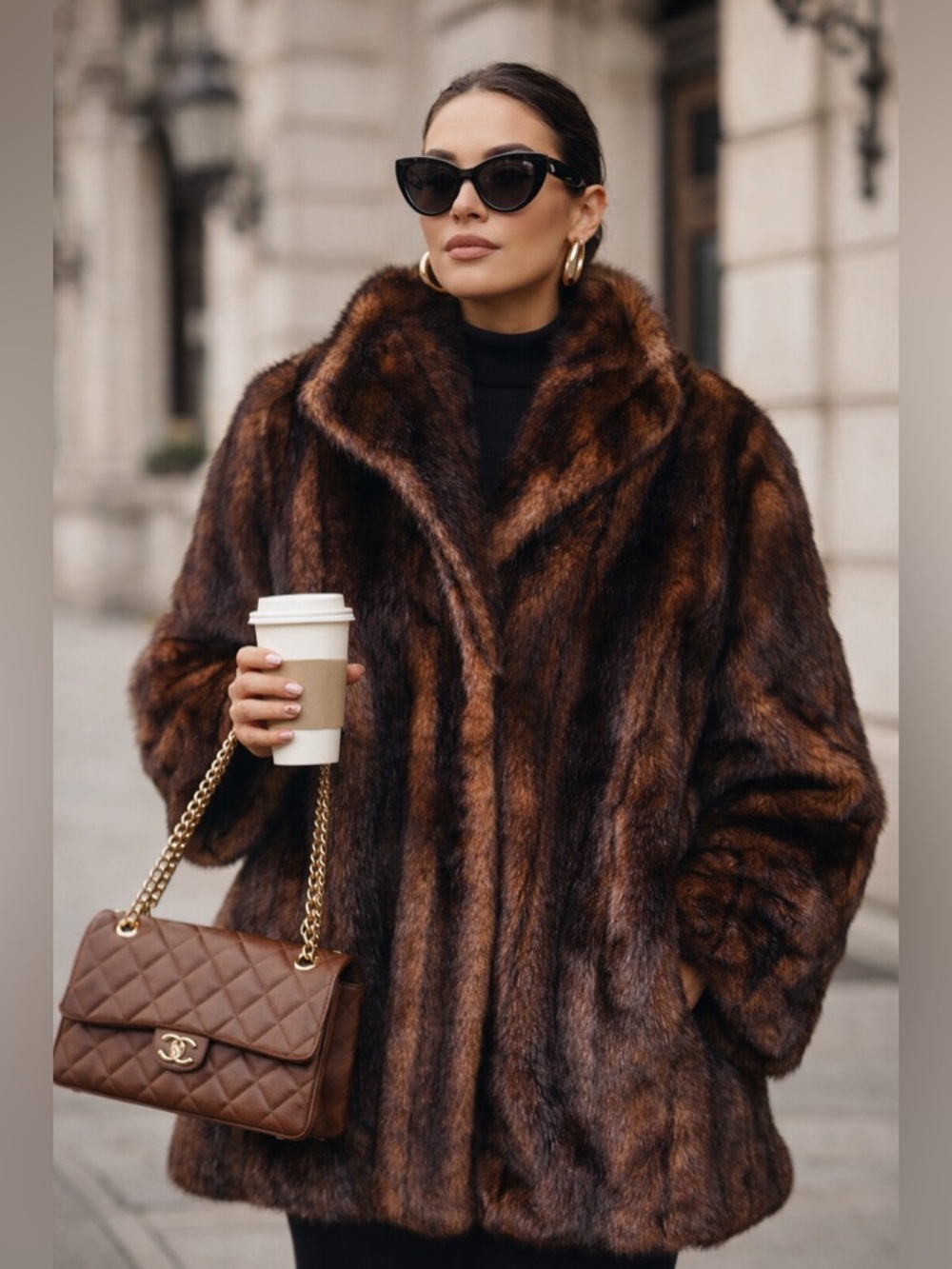 Vintage Faux Fur Coat XL Brown Mink Look Made in USA Olympia Limited Glam Winter